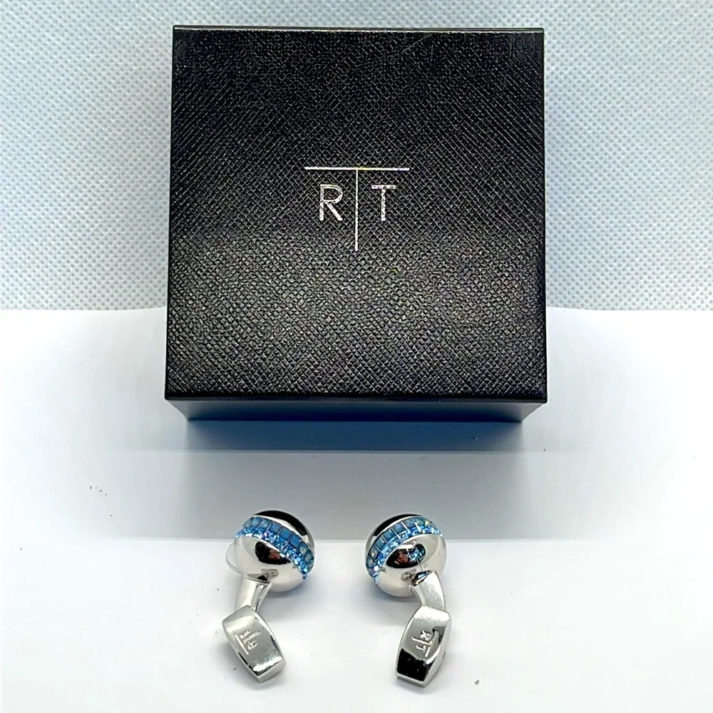 R|T by Robert Tateossian London Swarovski Blue Crystal Cufflinks Rhodium w Box